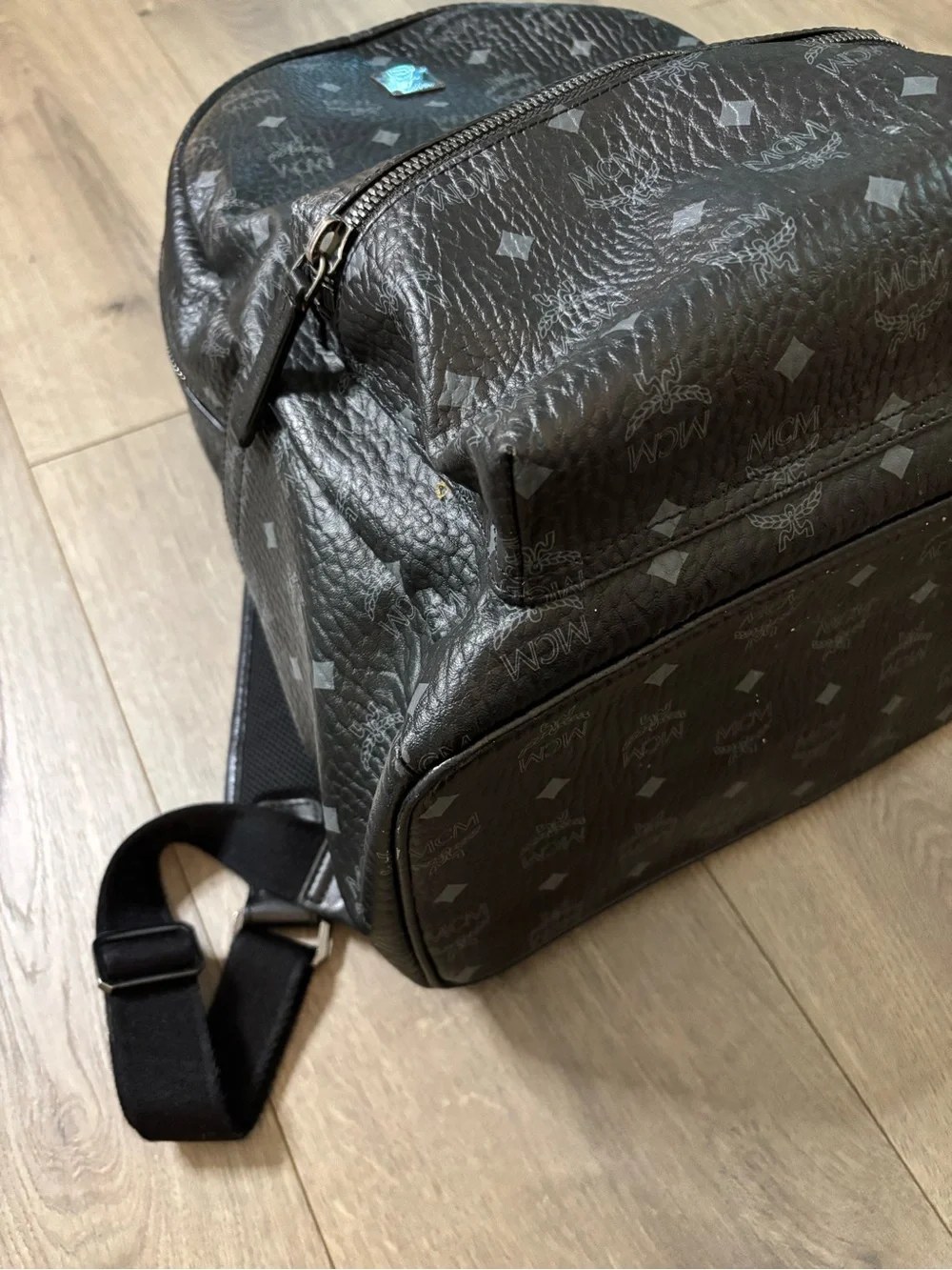 MCM Black Monogram Textured Leather Backpack